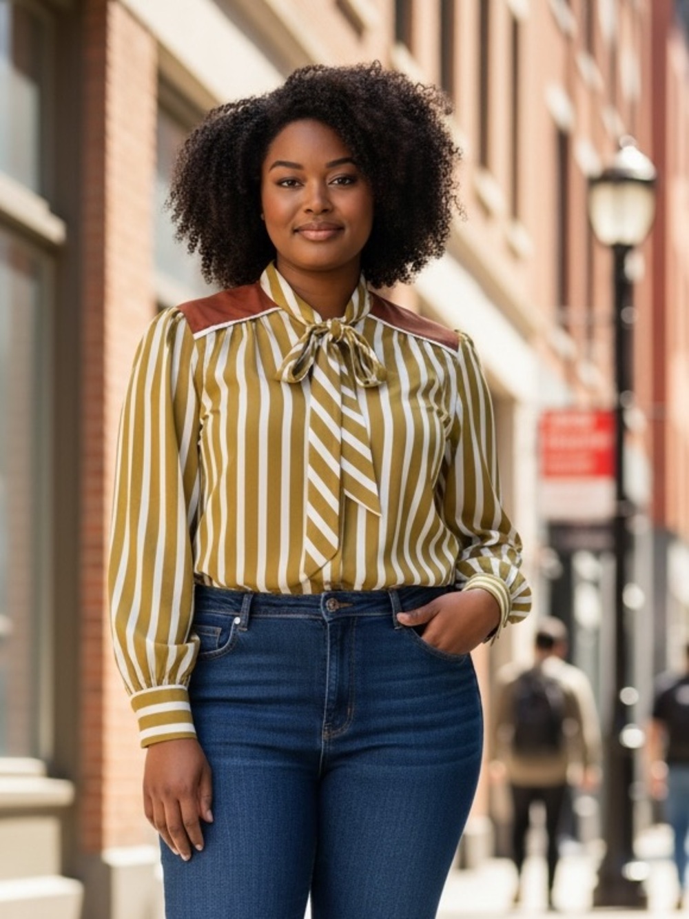 Olive Stripe Tie-Neck Blouse with Tan Shoulder Panels